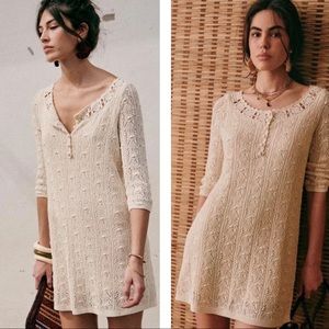 NWT Sezane S Senja Dress Organic Cotton Short Dress 3/4 Sleeves Crochet Detail
